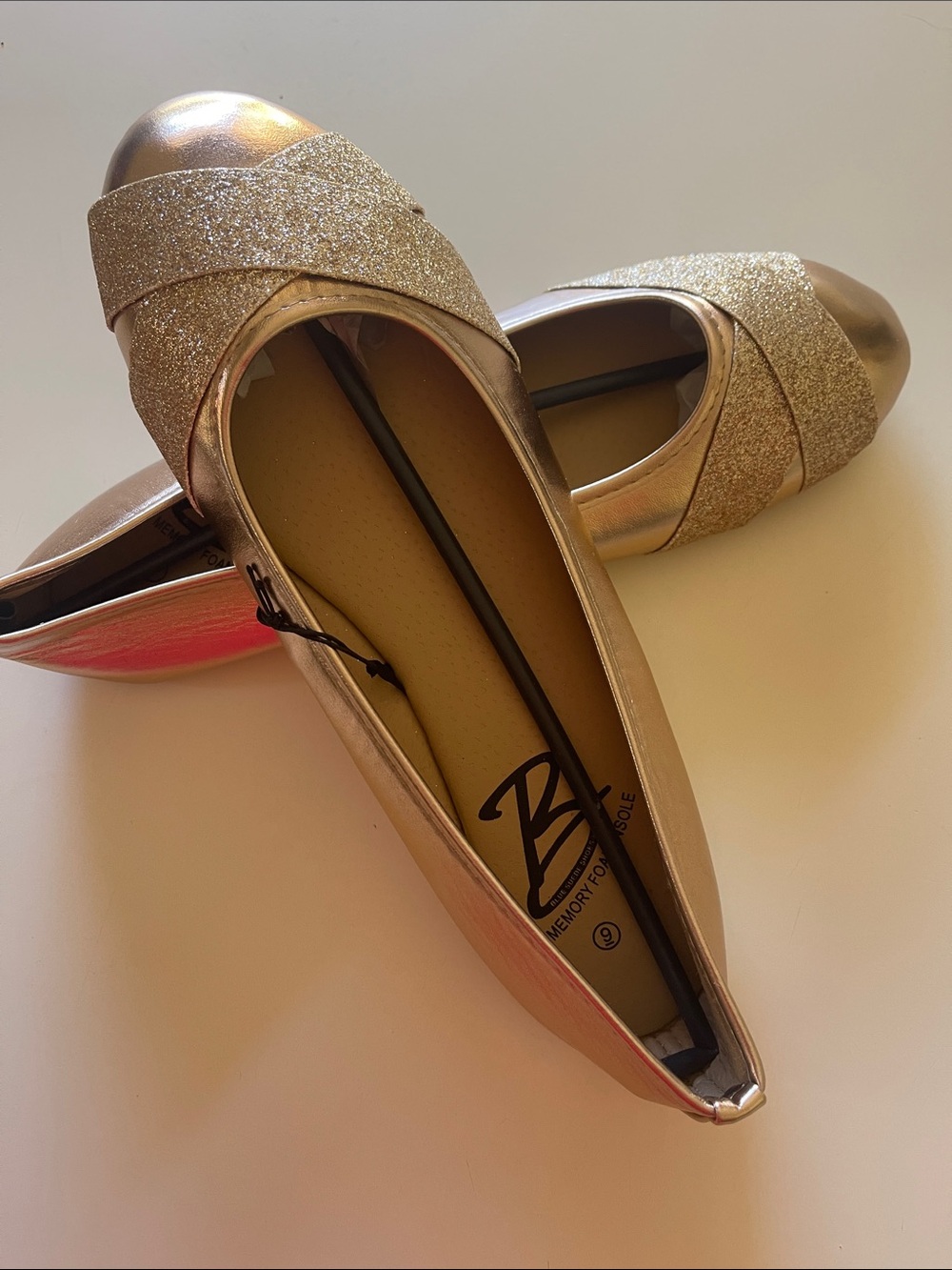 Blue Suede Shoes Gold Glitter Memory Foam Ballet Flats Womens size 9 New NWT